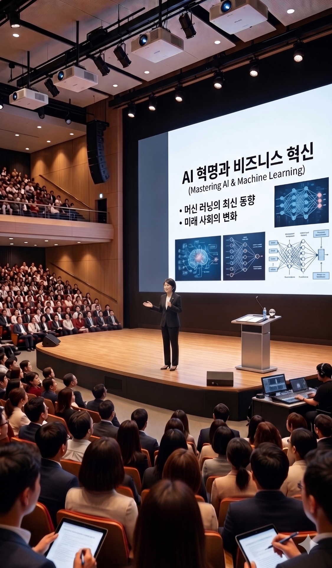 대형 강연장 무대 위 강사